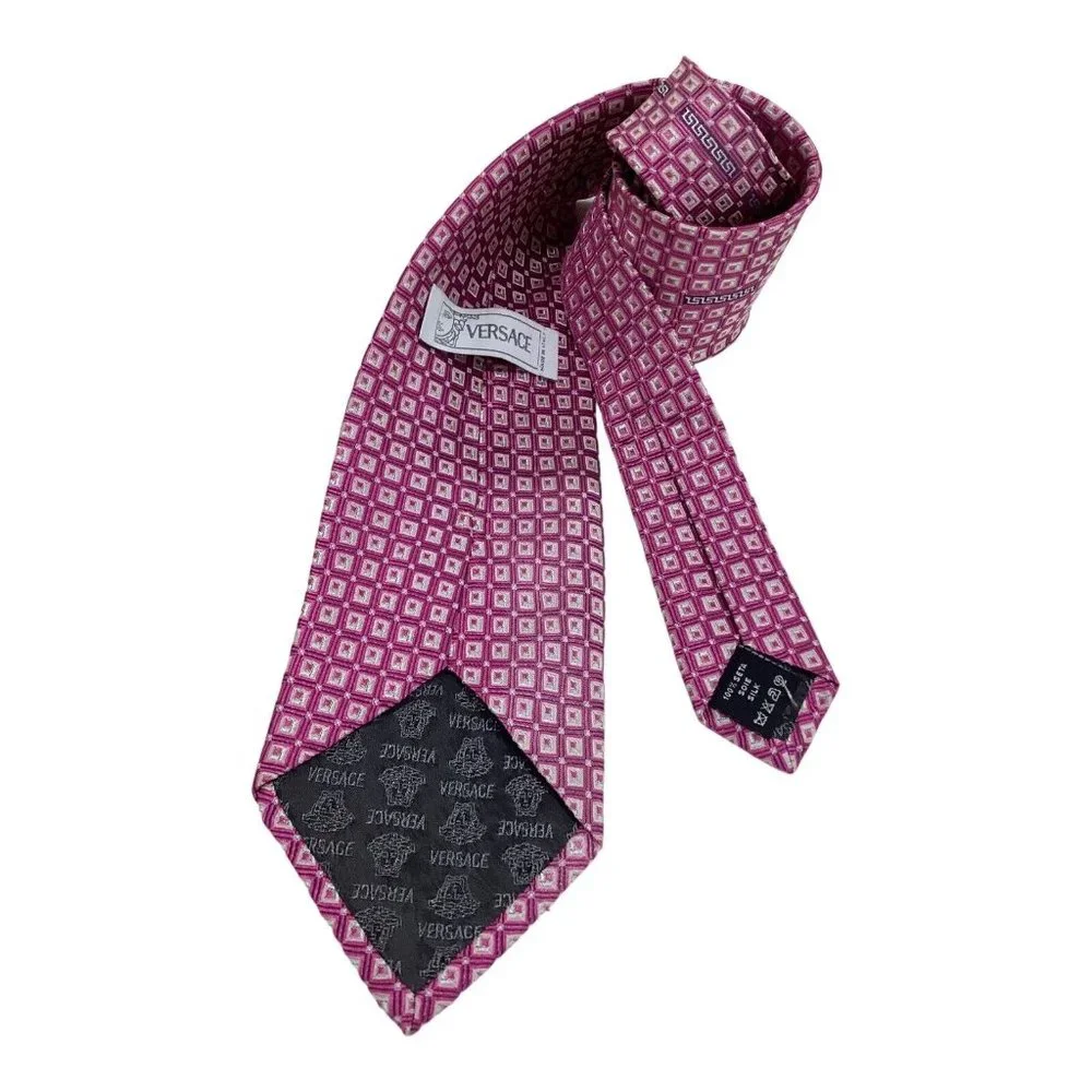 VERSACE Pink Geometric With Logo Silk Tie Made In Italy 58